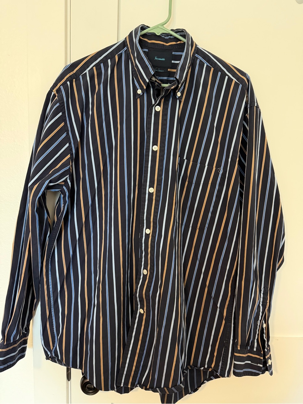 Faconnable Striped Button-Down Shirt - Navy with Blue & Tan Stripes